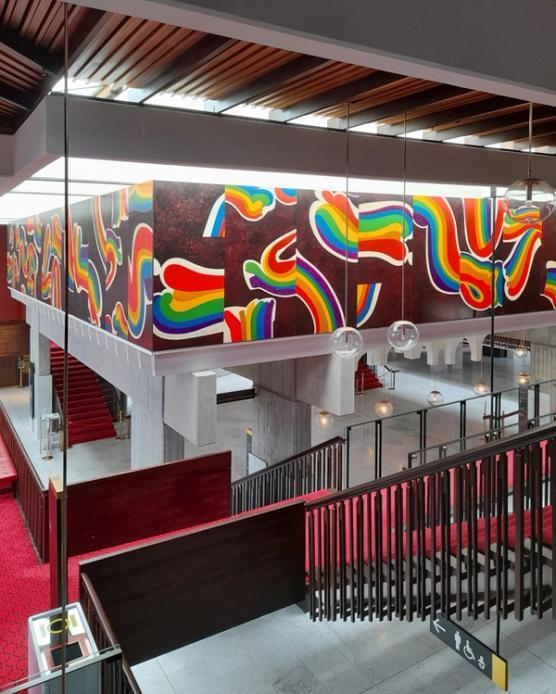 Pat Hanly's mural ‘Rainbow Pieces’ (1972), in the Christchurch Town Hall of the Performing Arts, CBD, Ōtautahi Christchurch  Image by Bronwyn Holloway-Smith, Public Art Heritage Aotearoa New Zealand, 2021